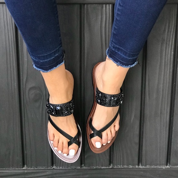 NIB Diamond Gem Leather Toe Ring Slide Sandal - Picture 6 of 8